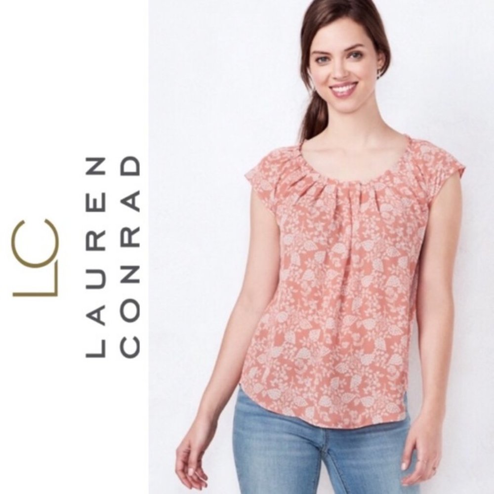 NWT Lauren Conrad Orange Floral Pleat Neck Top M